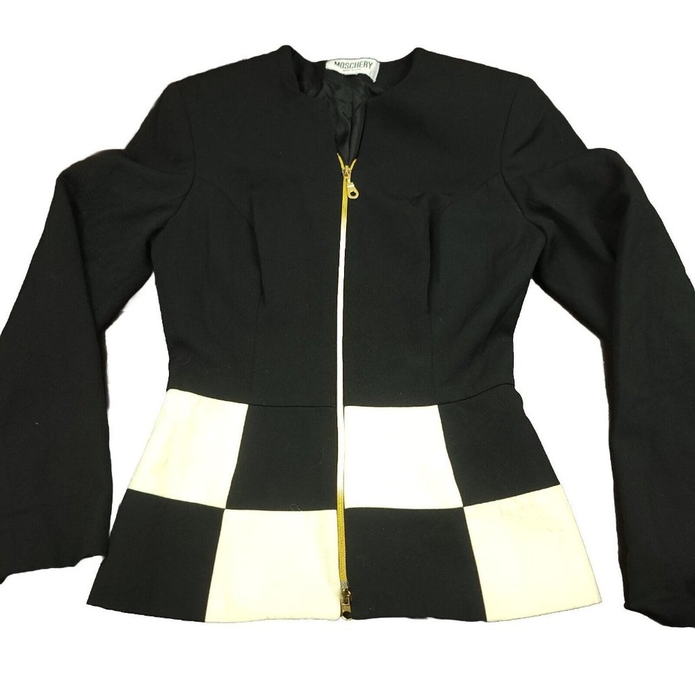 Moschery Wool Gold‎ Zip Front Peplum Jacket Vintage 1980s USA Blazer Black White